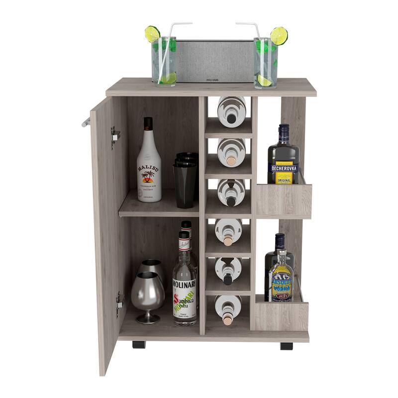 Bar Cart, Four Casters, Six Wine Cubbies, Single Door Cabinet