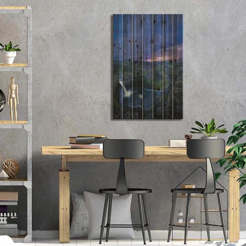 USA, Washington State. Palouse Falls at dusk with an approaching lightning storm Print On Wood by Gary Luhm - Multi-Color