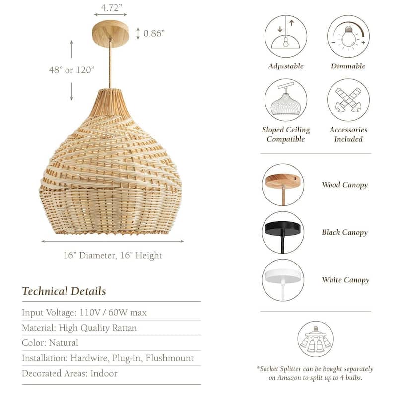 Grandeur Rattan Pendant Light - Brown Medium Dome 1-Light Handwoven Light Fixture For Modern, Transitional, Farmhouse Room Décor