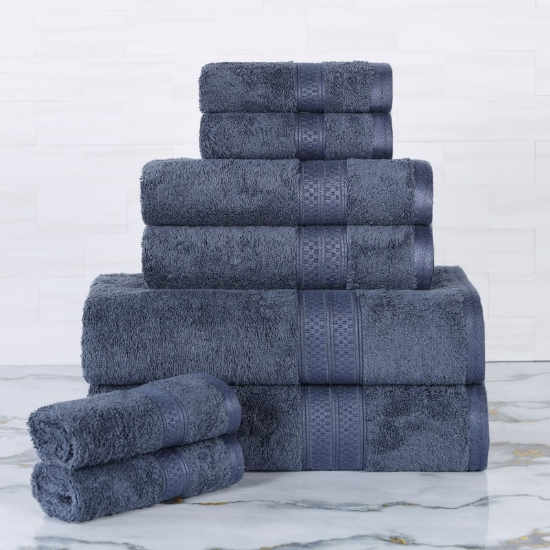 Superior 8 Piece Towel Set (2 Piece Bath Towel and 6 Piece Hand Towel), Rayon From Bamboo and Cotton - Royal Blue