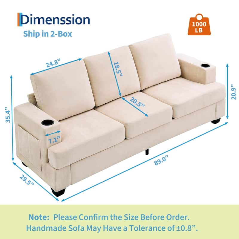 89" 3-Seater Sofa, Deep Seat Sofa, Modern Comfy Couches for Living Room with Cup Holders and Side Storage Pockets