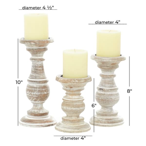 dimension image slide 5 of 6, Mango Wood Turned Style Pillar Candle Holder (Set of 3) - White, Brown, Gold, Black, Light Blue, Cream, Silver