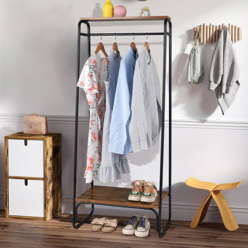 Freestanding Clothing Rack,Metal Clothing Rack with Wood Shelf