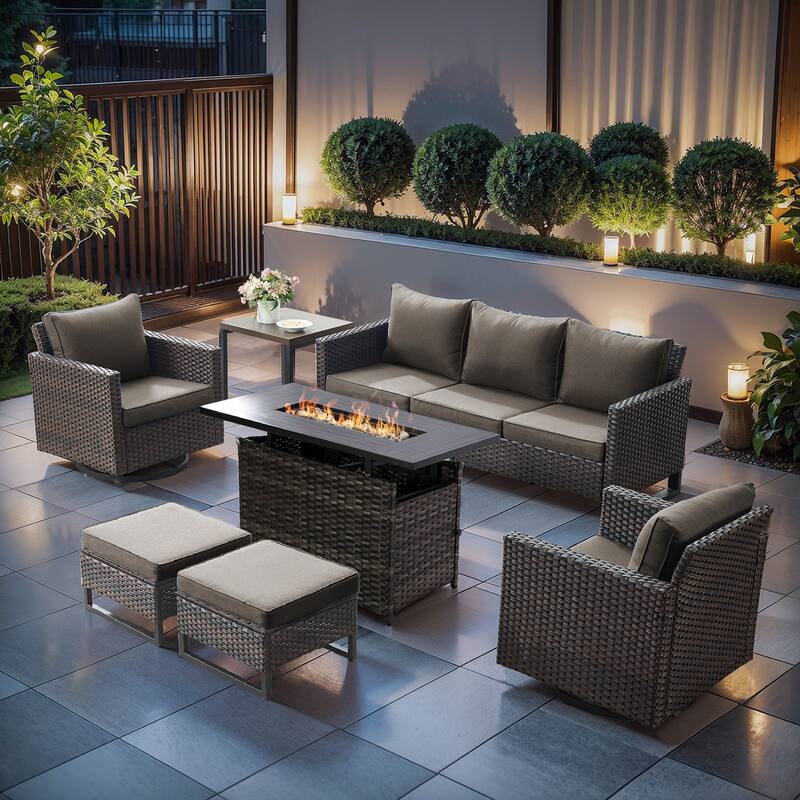 Outdoor Grey Wicker Fire Pit Table with Patio Funiture Sets - Grey Cushion - Brown Wicker Sofa Set w/ Grey Wicker Fire Table