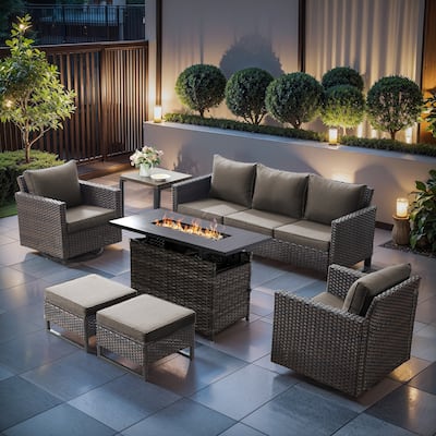 Outdoor Sofa Chairs with Grey Wicker Fire Table - Brown Wicker Sofa Set w/ Grey Wicker Fire Table