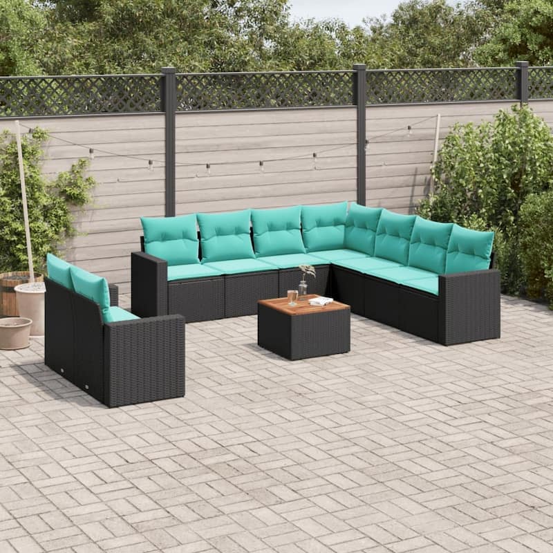 vidaXL Patio Sofa Set with Cushions Outdoor Furniture 10 Piece Poly Rattan - 25.8x 24.4x 27.2 - Black and Blue