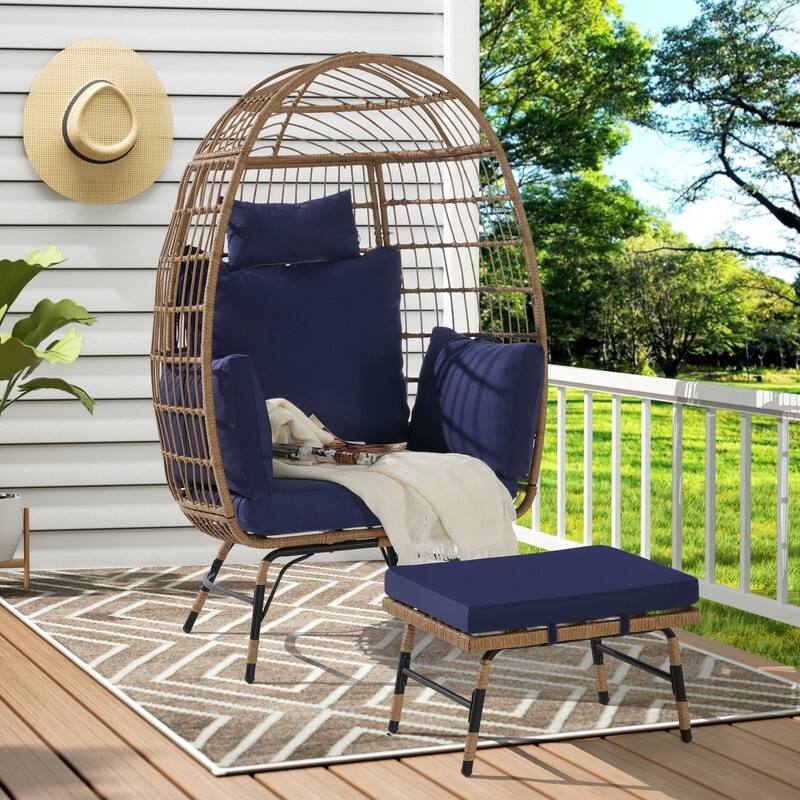 Wicker Egg Chair with Ottoman, Oversized Indoor Outdoor Lounger for Patio, Backyard, Living Room - Dark Blue