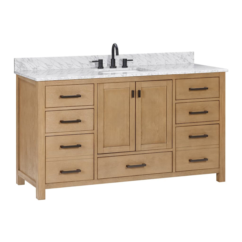 Avanity Modero 61 in. Single Vanity Combo in Brushed Oak finish and Carrara White Marble Top