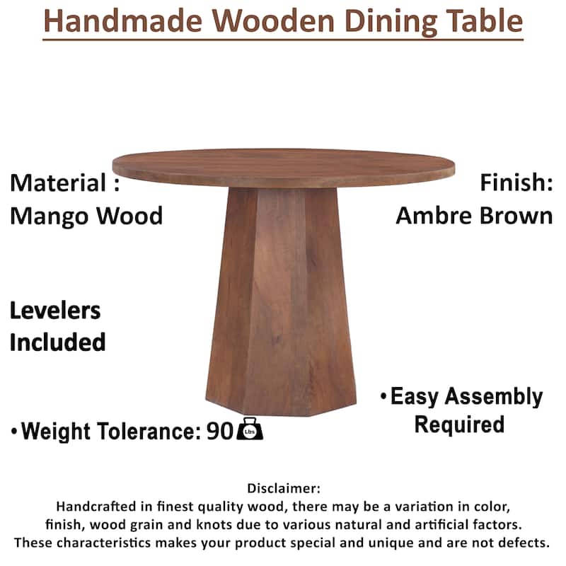 Koi Dining Table 42" Round Top Handmade Ambre Brown Mango Wood Octagonal Pedestal Base