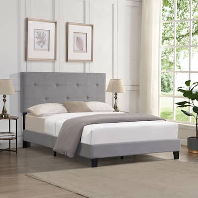 Full Size Tufted Grey Linen Upholstered Platform Bed