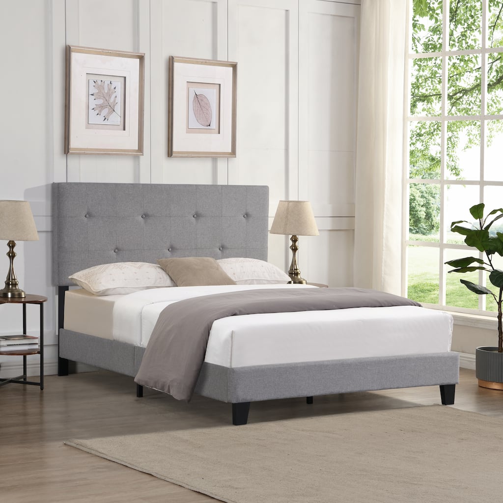 Full Size Upholstered Platform Bed Frame with Modern Button Tufted Linen Headboard and Wood Slat Support, No Box Spring Needed