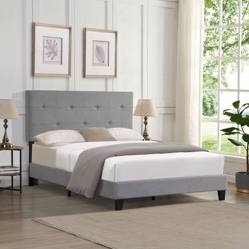 Full Size Upholstered Platform Bed Frame with Modern Button Tufted Linen Headboard and Wood Slat Support, No Box Spring Needed - Gray