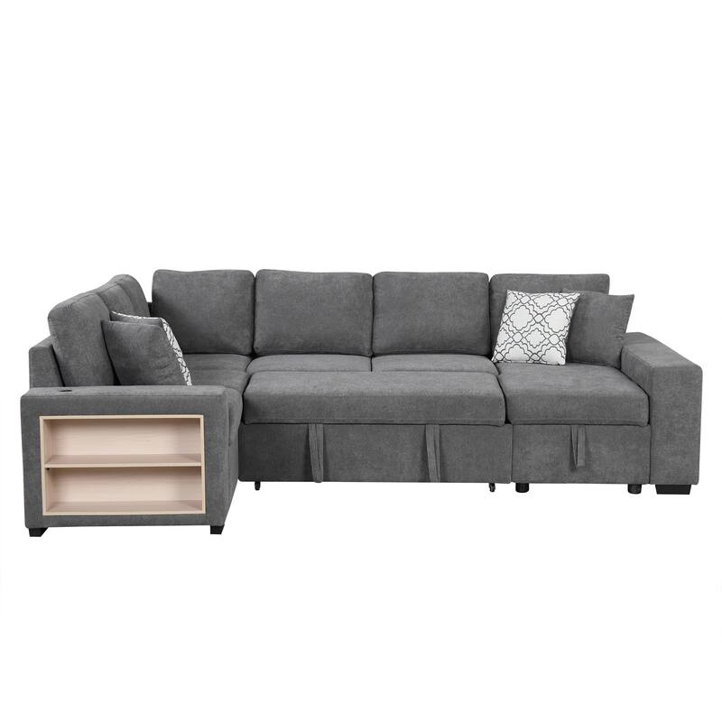 Grey 109" U-Shaped 6 Seater Sectional Sofa with Pull-Out Bed, Storage Chaise Lounge, 4 Back Pillows, and USB Charging Ports