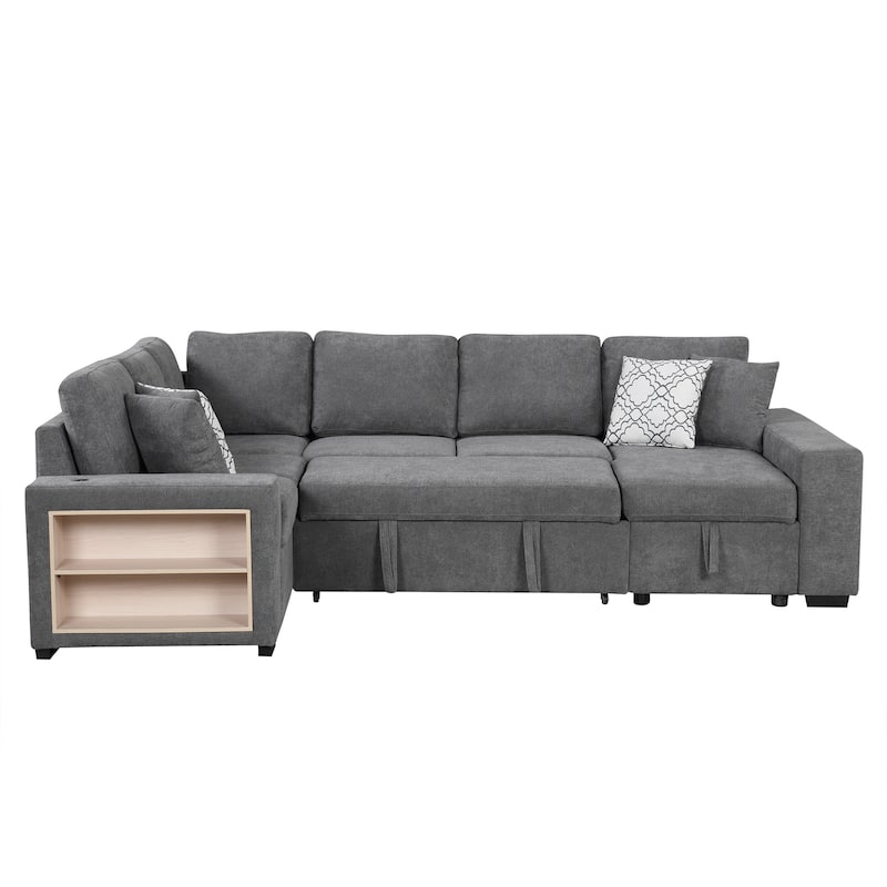 Roomfitters U-Shaped Sectional Sofa with Pull-Out Bed, Two USB Ports, Storage Chaise Lounge, and Four Back Pillows