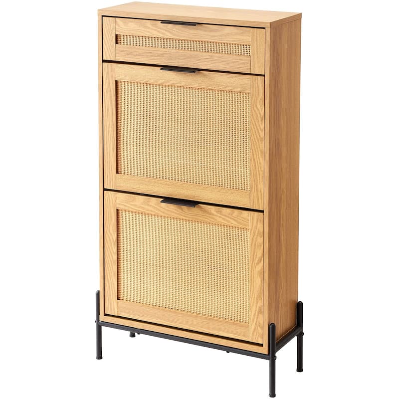 Modern Rattan Shoe Cabinet Narrow Wood Entryway Storage with Flip Drawers and Metal Legs - 25.47 x 10.35 x 40.47 inches