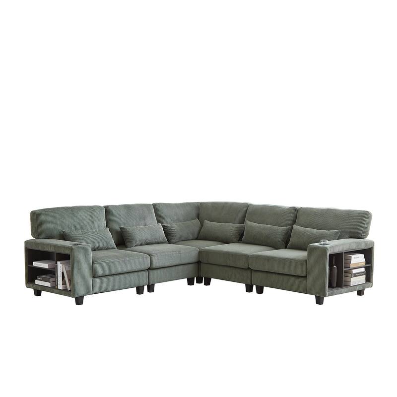 102.75" Corduroy L-Shaped Modular Sectional Sofa with Storage and Cup Holder