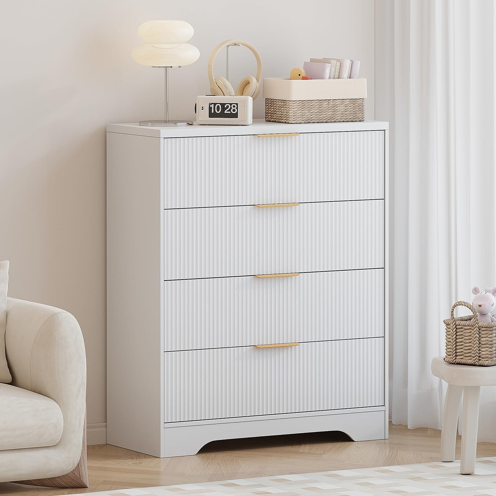 Dresser for Bedroom with 4 Drawers, Wave Fluted Modern Chest of Drawers, Tall Wood Storage Organizer for Nursery