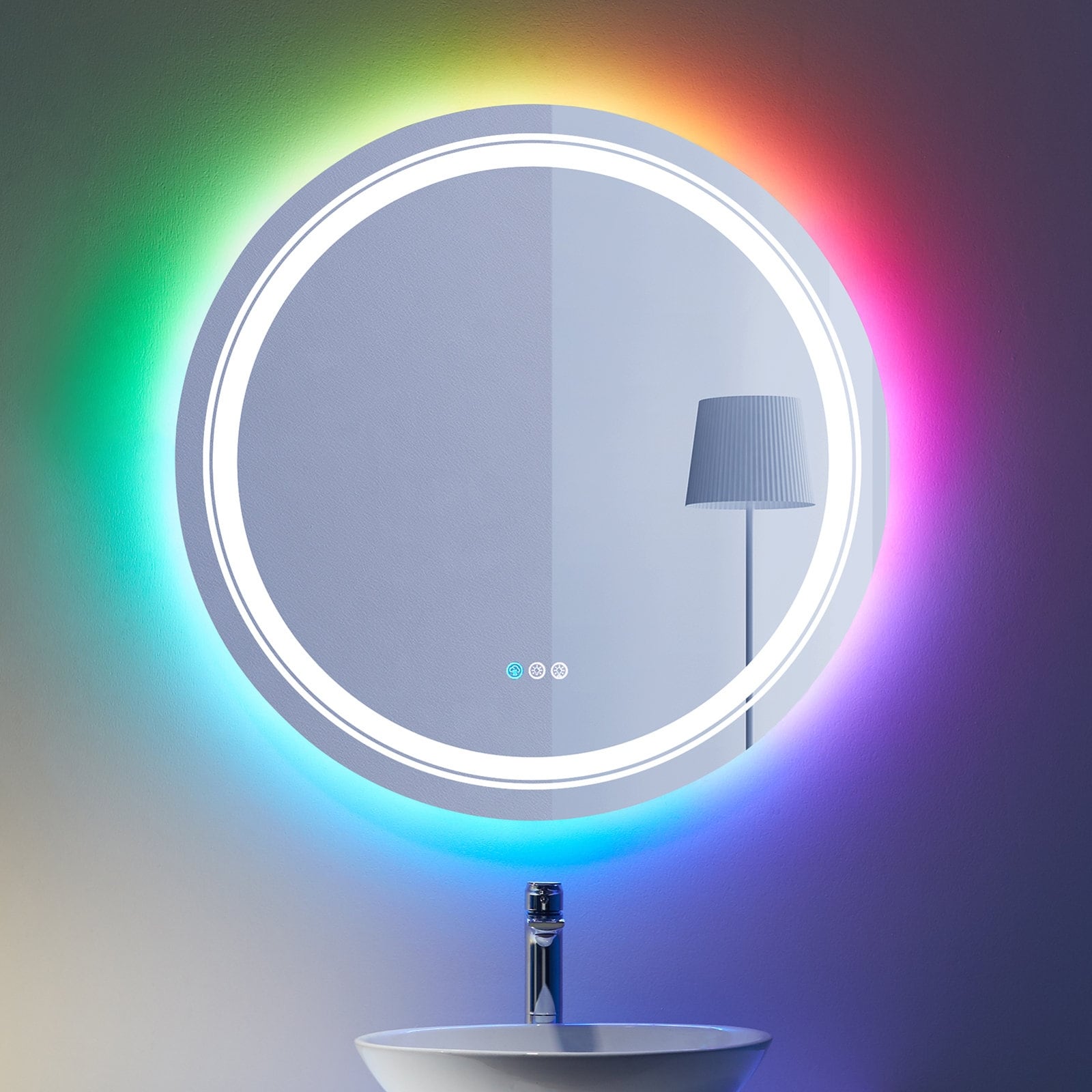 Modern RGB Backlit Anti-Fog Dimmable Tempered Glass LED Round Mirror
