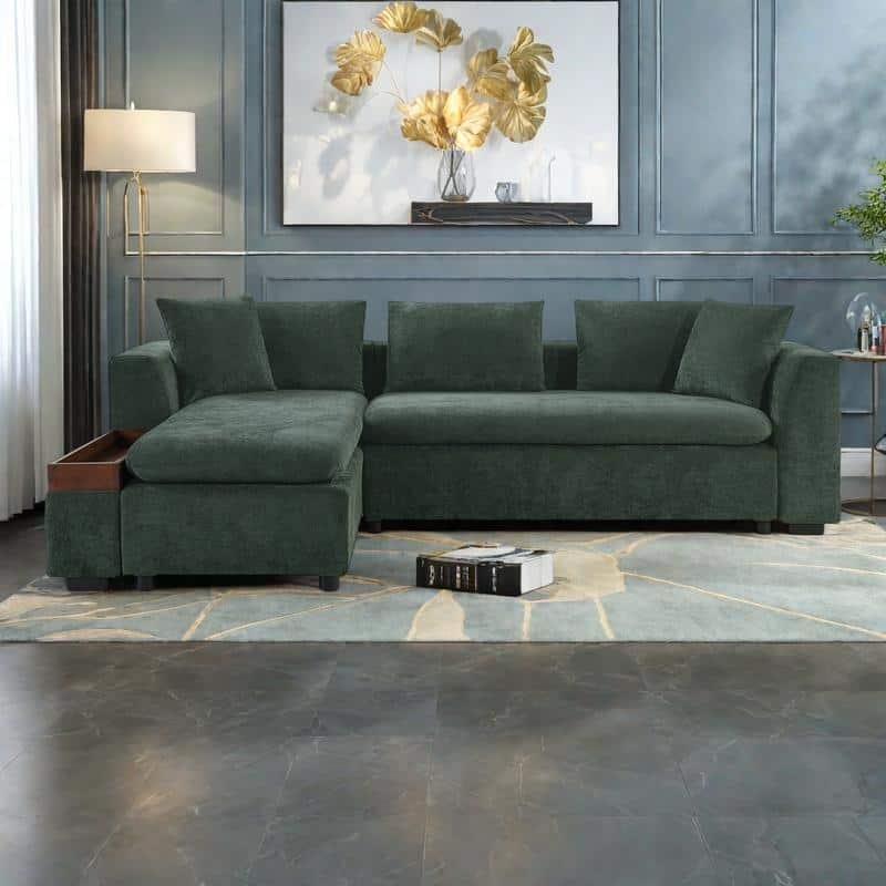 93.7" Chenille L-Shaped Sectional Sofa with Wooden Storage Compartment and Deep Seating - Green
