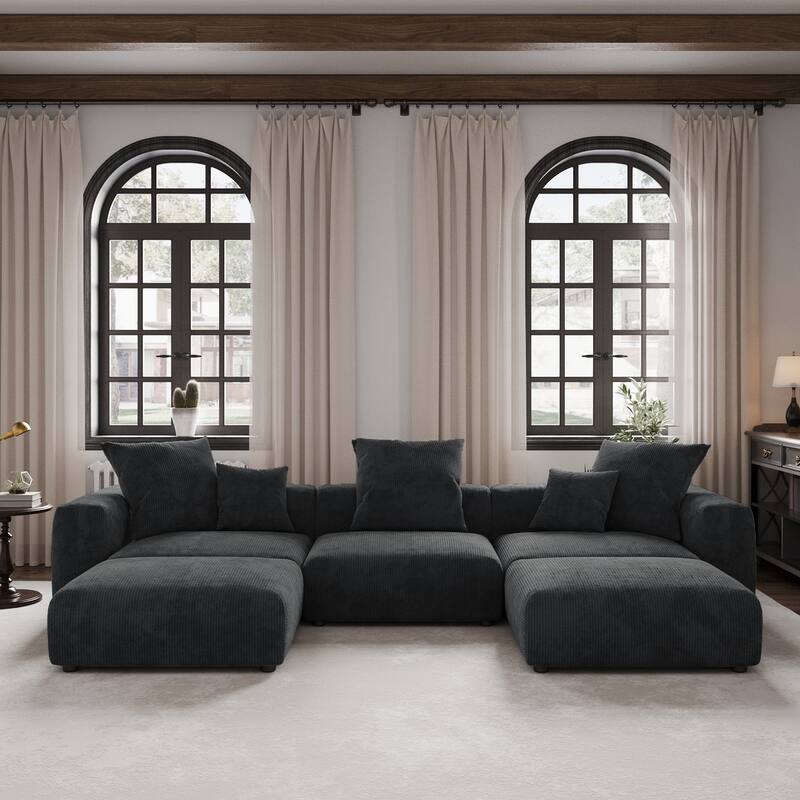 141''Modular Sectional Sofa, Corduroy 5 Seater Upholstered Sofa Couch with 5 Pillows, Convertible Couch Deep Seat Couches - Black