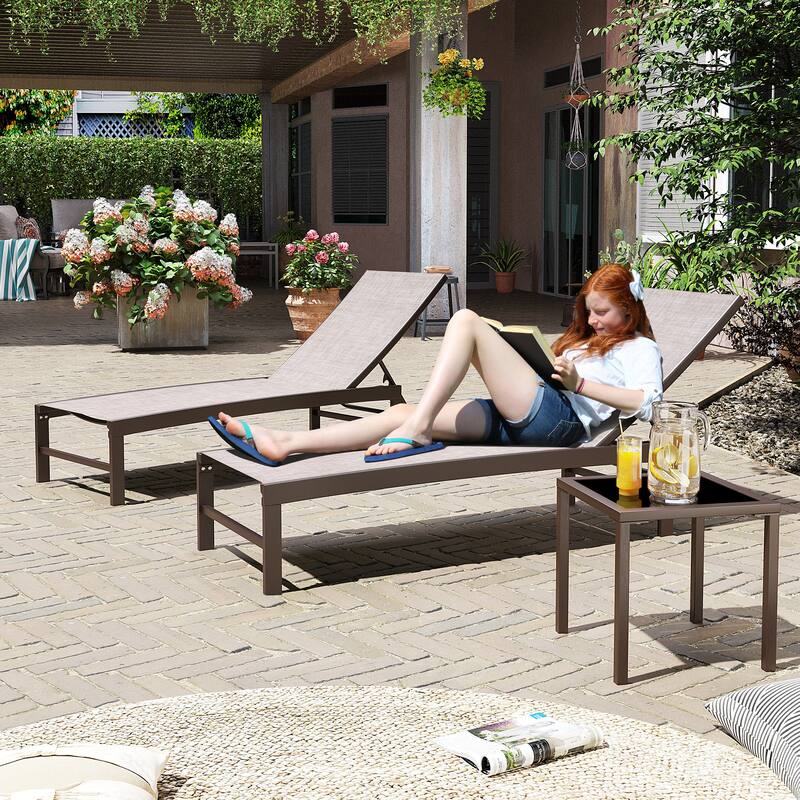 Outdoor Indoor Aluminum Adjustable Lounge Chairs and Side Table Set 3