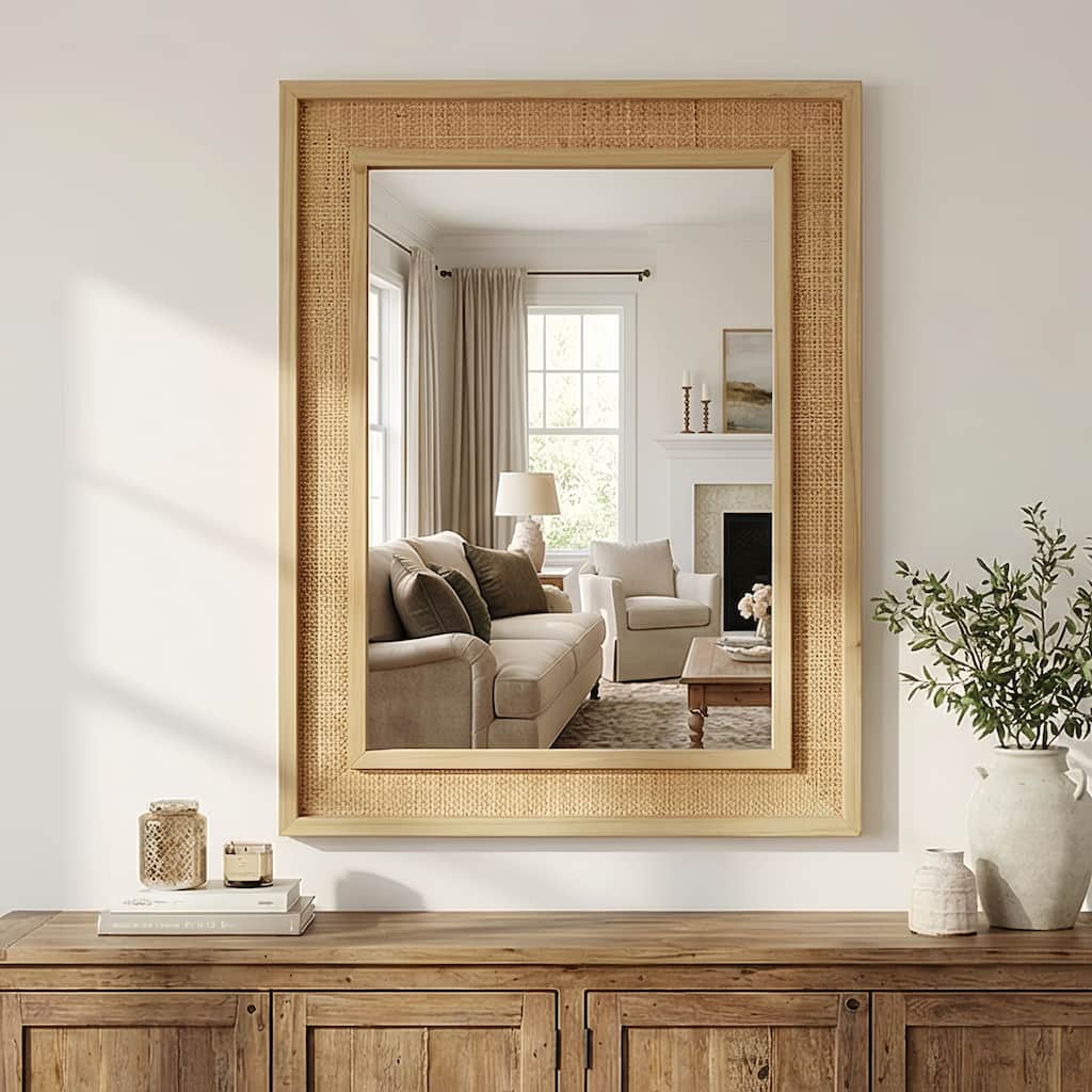 24"x36" Rattan Rectangle Solid Wood Frame Decorative Mirror,For Farmhouse,Bathroom,Home Decor,Entryway
