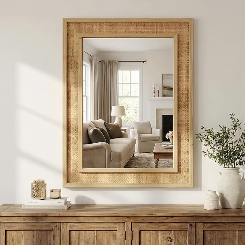 Rattan Rectangle Solid Wood Frame Decorative Mirror