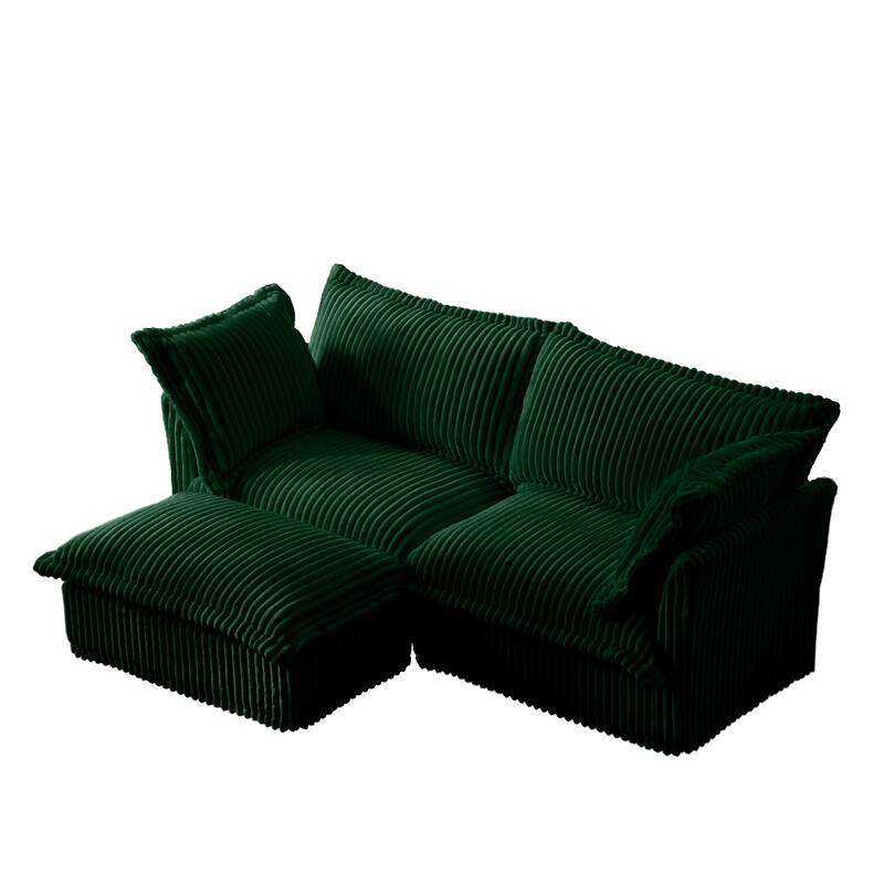 Corduroy Slipcovered 2-Seater Sectional Sofa with Convertible Ottoman, Wide and Deep Seat,and Soft Multiple Big Pillows
