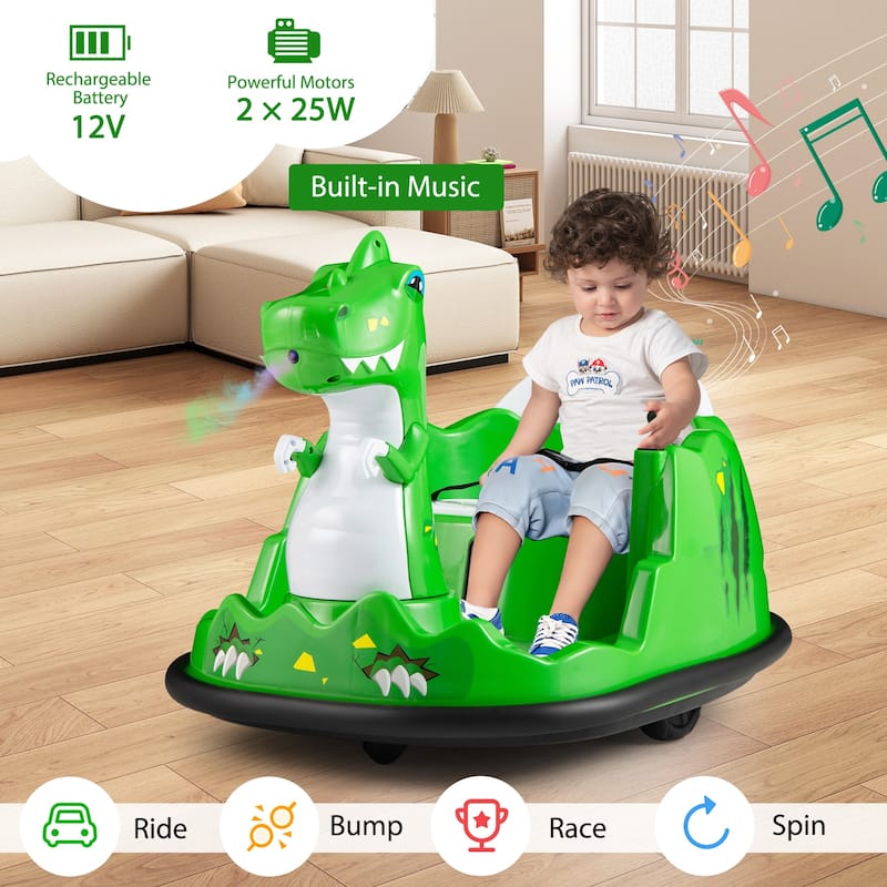 Green 12V Electric Ride-On Bumper Car for Kids 2-5 with Spray Lights Music and Remote Control - 31" × 23" × 22" (L × W × H)