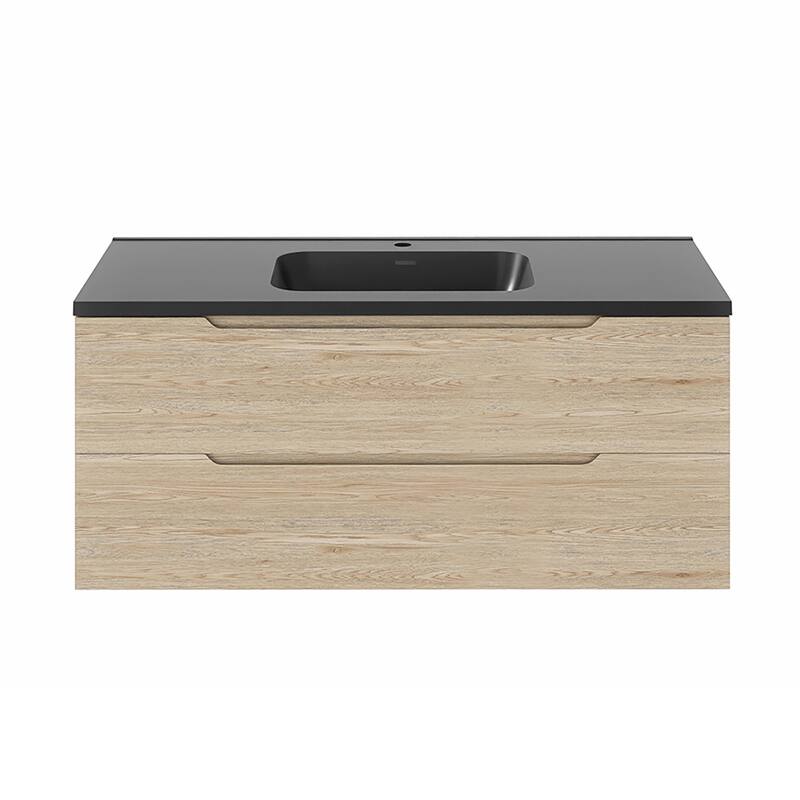 Floating Bathroom Vanity in Evita Oak with Integrated Quartz Sand Top