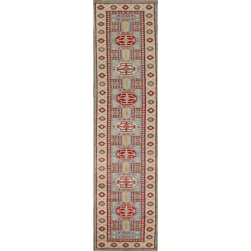 Geometric Blue Kazak Oriental Runner Rug Handmade Wool Carpet - 2'6" x 13'1"
