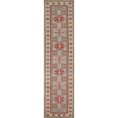 Geometric Blue Kazak Oriental Runner Rug Handmade Wool Carpet - 2'6" x 13'1"