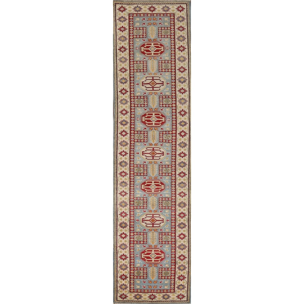 Geometric Blue Kazak Oriental Runner Rug Handmade Wool Carpet - 2'6" x 13'1"