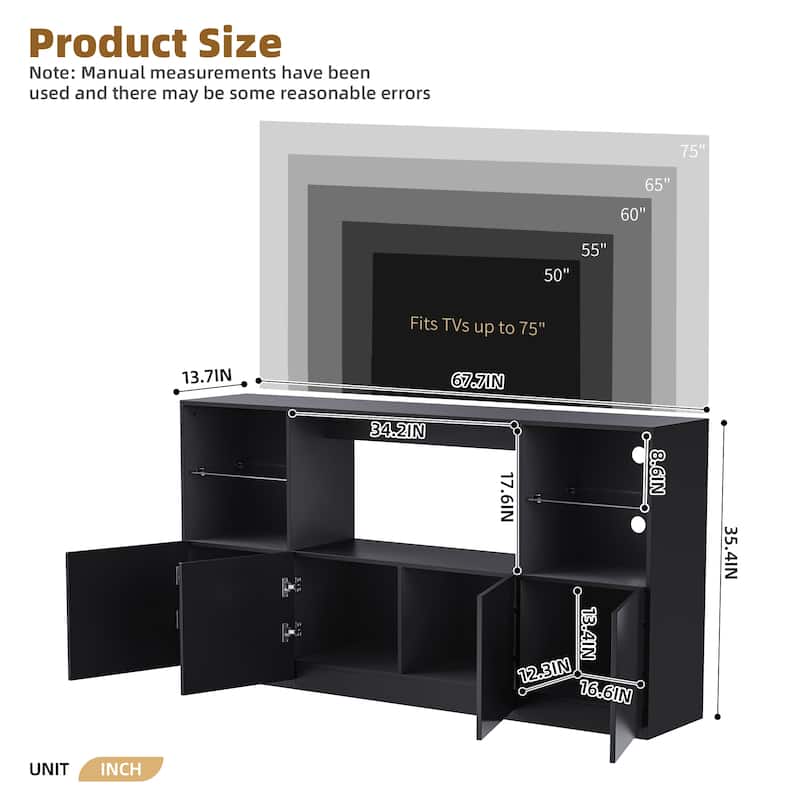 Black 67" TV Stand with LED, Large Cabinet & Tempered Glass Shelves for TVs Up to 75"