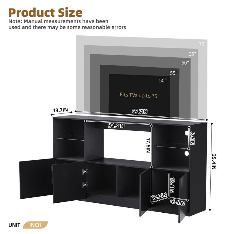Modern High Gloss TV Stand with LED Lights, Tempered Glass Shelves for TVs up to 75", Living Room Centerpiece