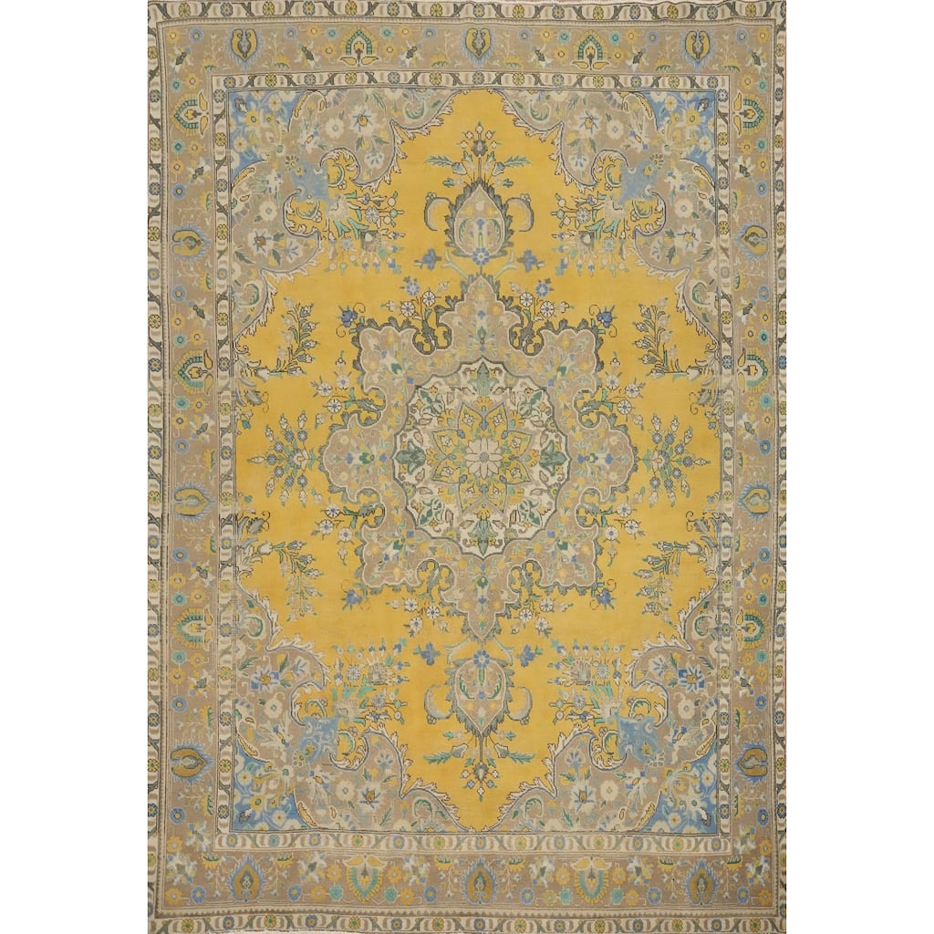 Hand Knotted Oriental 100% Wool Carpet Traditional Floral Yellow & Gold Tabriz Area Rug - 12' 3'' X 10' 0''