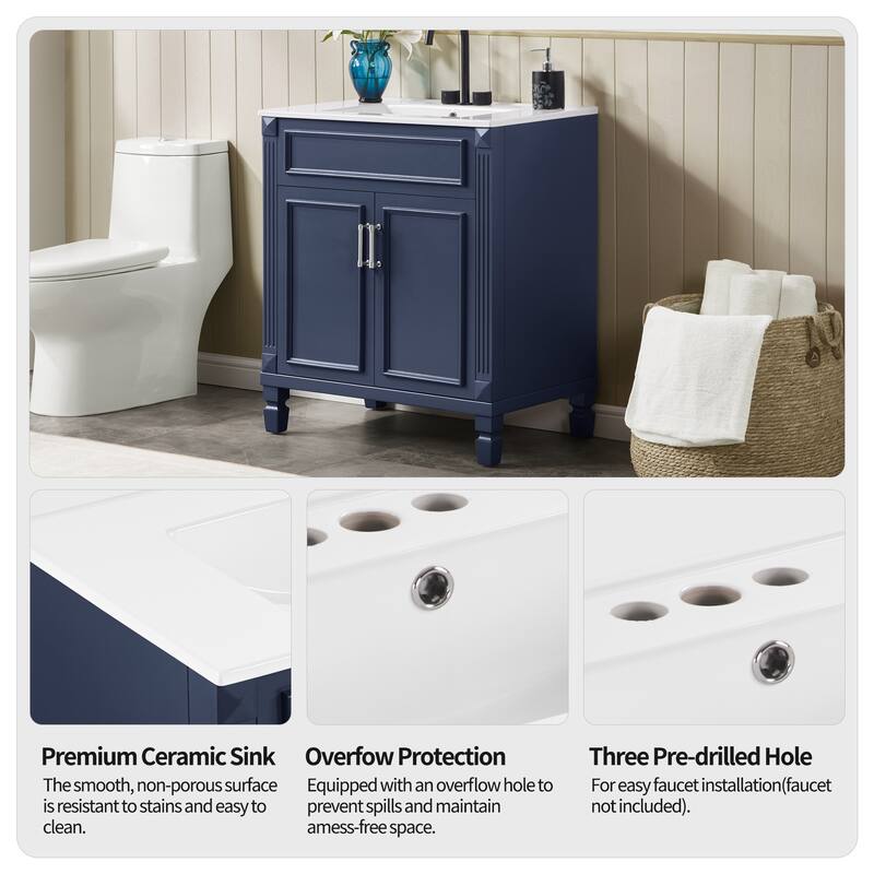 Modern 30" Freestanding Bathroom Vanity Cabinet Wood Frame with Ceramic Sink and Soft-Close Storage