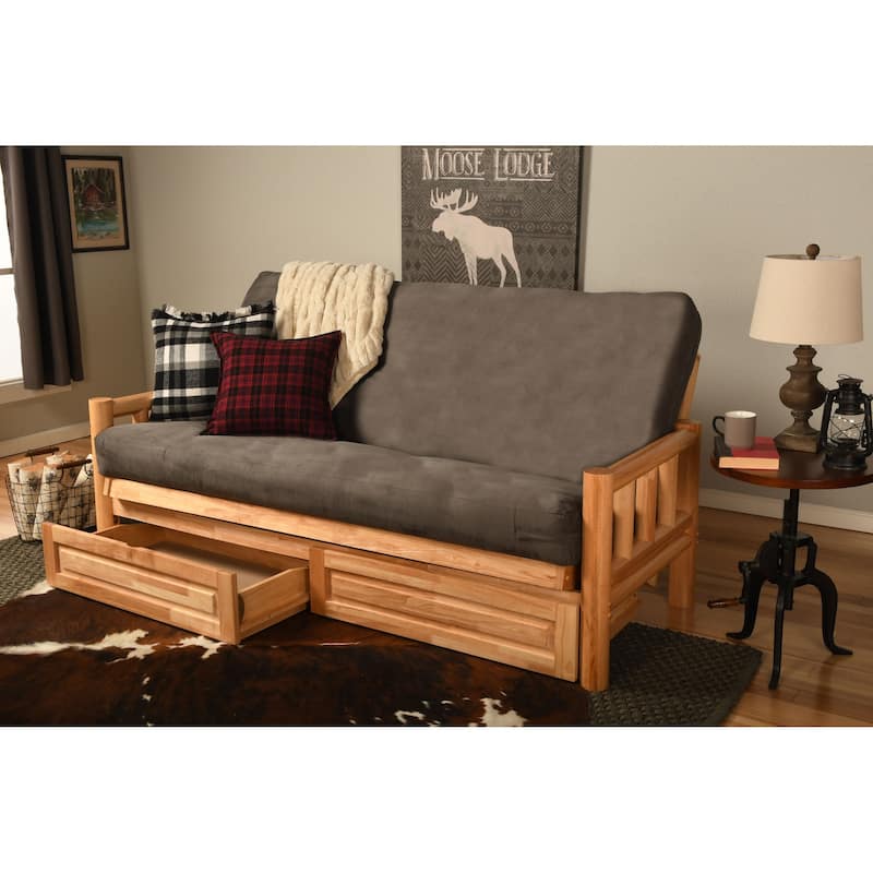 Somette Lodge Storage Futon Set in Natural Finish with Suede Mattress - Suede Gray