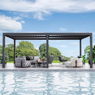 Louvered Pergola 10'x20' with USB Charging Port Deck, Adjustable Waterproof Roof & Integrated Drainage,Black