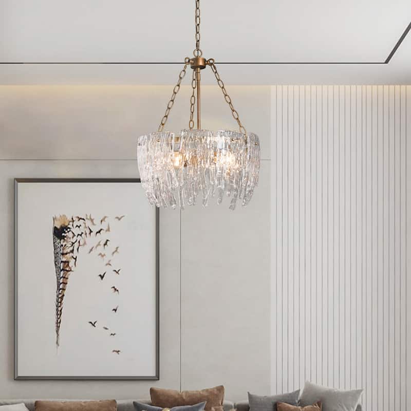 Modern 4-Light Gold Drum Textured Glass Chandelier for Dining Room