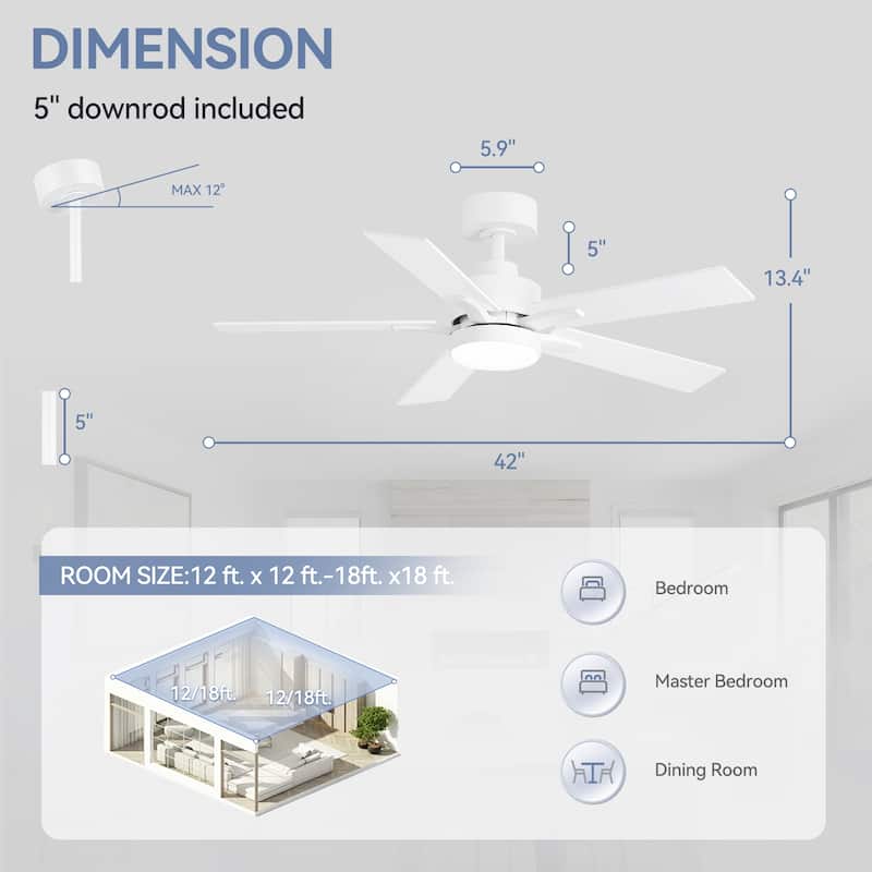 42" 5-Blade Black/White Modern LED Ceiling Fan with Light and Remote