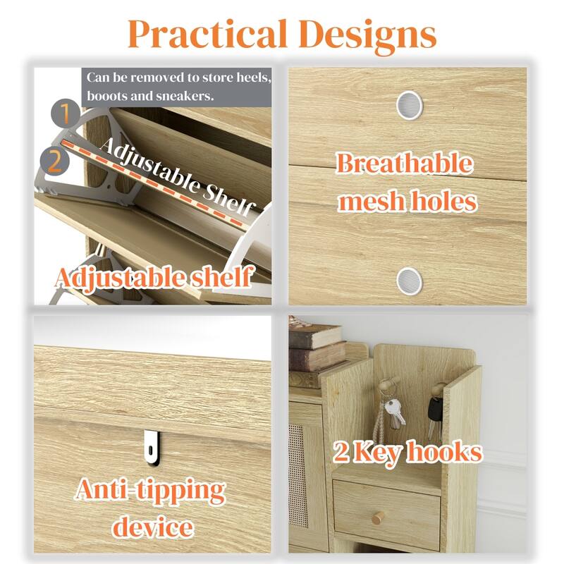 Freestanding Shoe Storage Cabinet, Narrow Hidden Shoe Rack with 3 Rattan Flip Drawers, 3 Square Shelves & 1 Storage Drawer