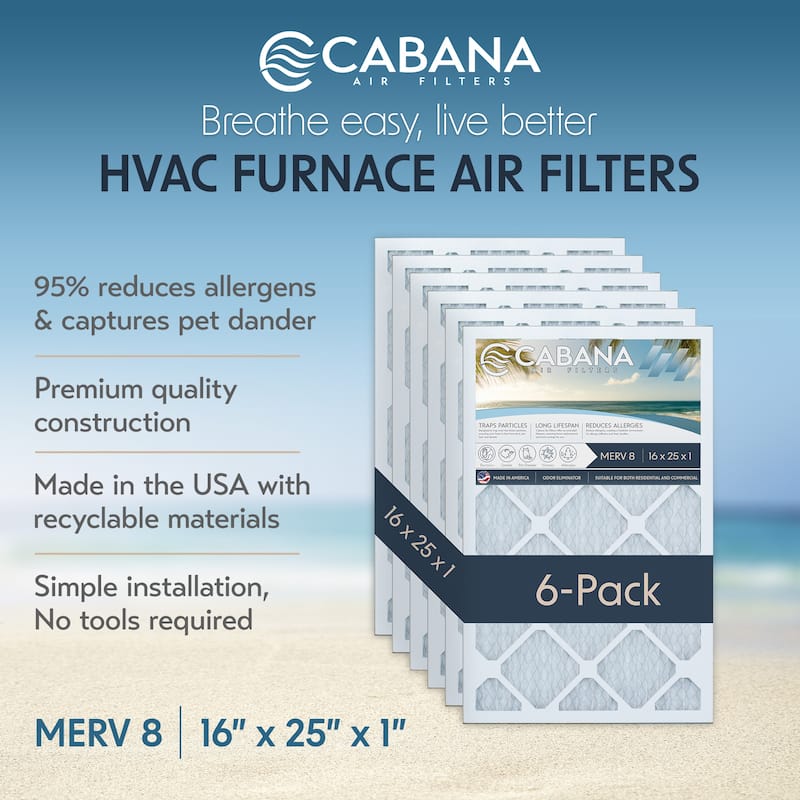 Cabana Air Filters 6 Pack HVAC Furnace Air Filters, MERV 8, 16 x 25 x 1, White - 0.78