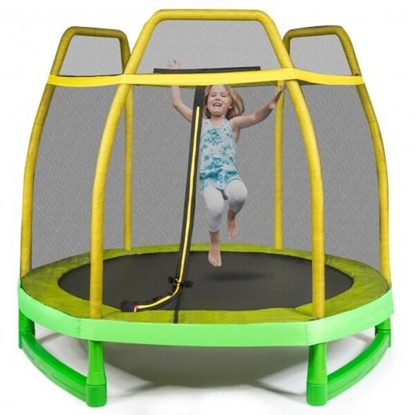 太陽のトランポリン 7FT Kids Trampoline W/ Safety Enclosure Net-Yellow - On Sale - Bed
