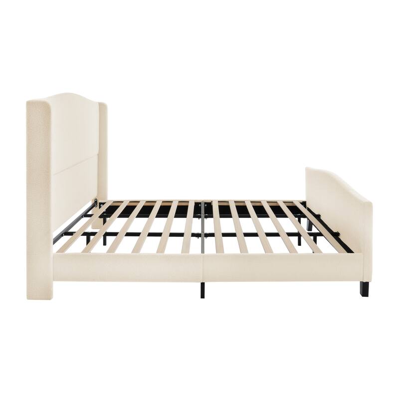 King Size Upholstered Bed Frame with High Back Headboard, Teddy Velvet, Solid Wood Legs, No Box Spring Needed