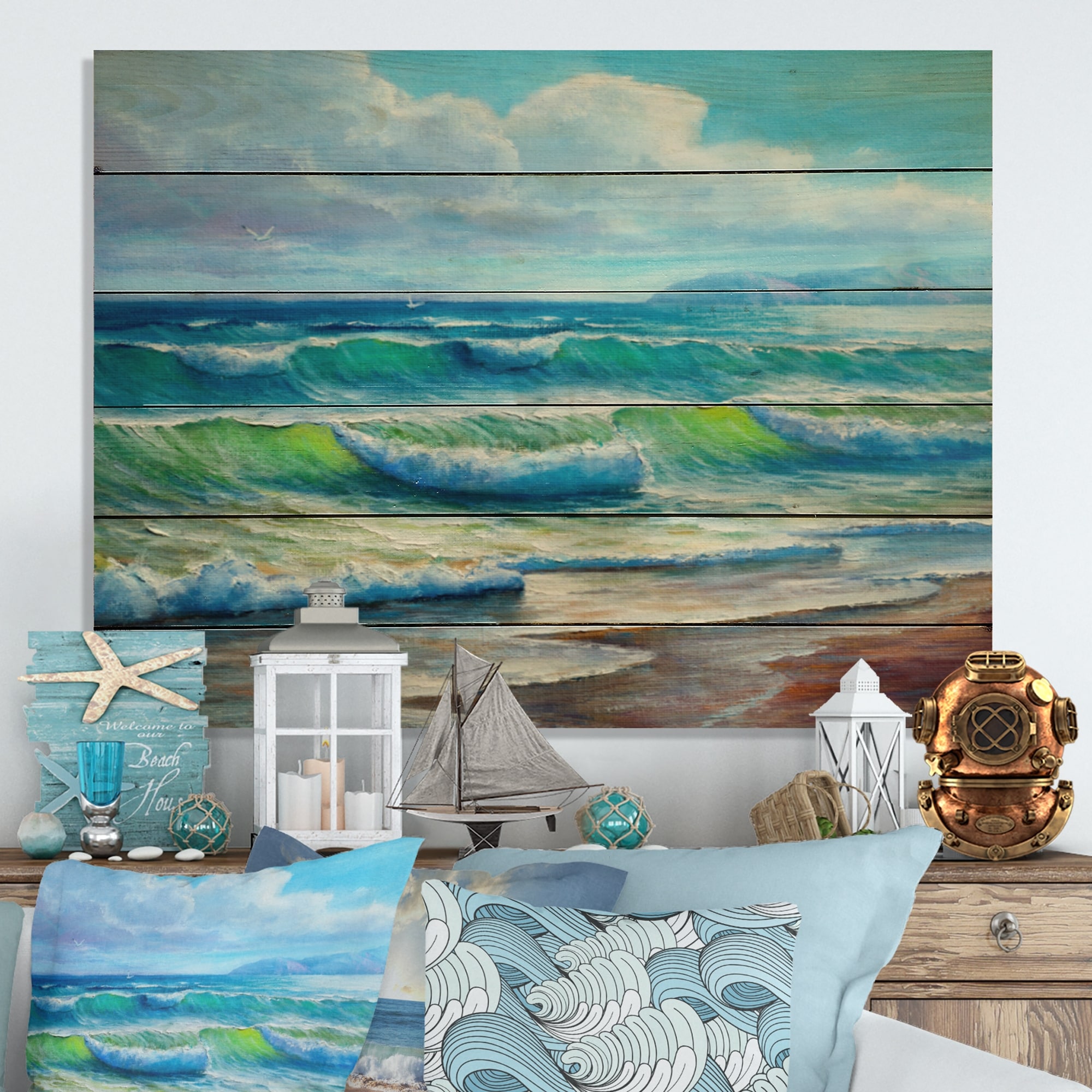 Designart 'Blue Ocean Waves Scenery V' Nautical  Coastal Wood Wall Art  Natural Pine Wood Bed Bath  Beyond 36737963