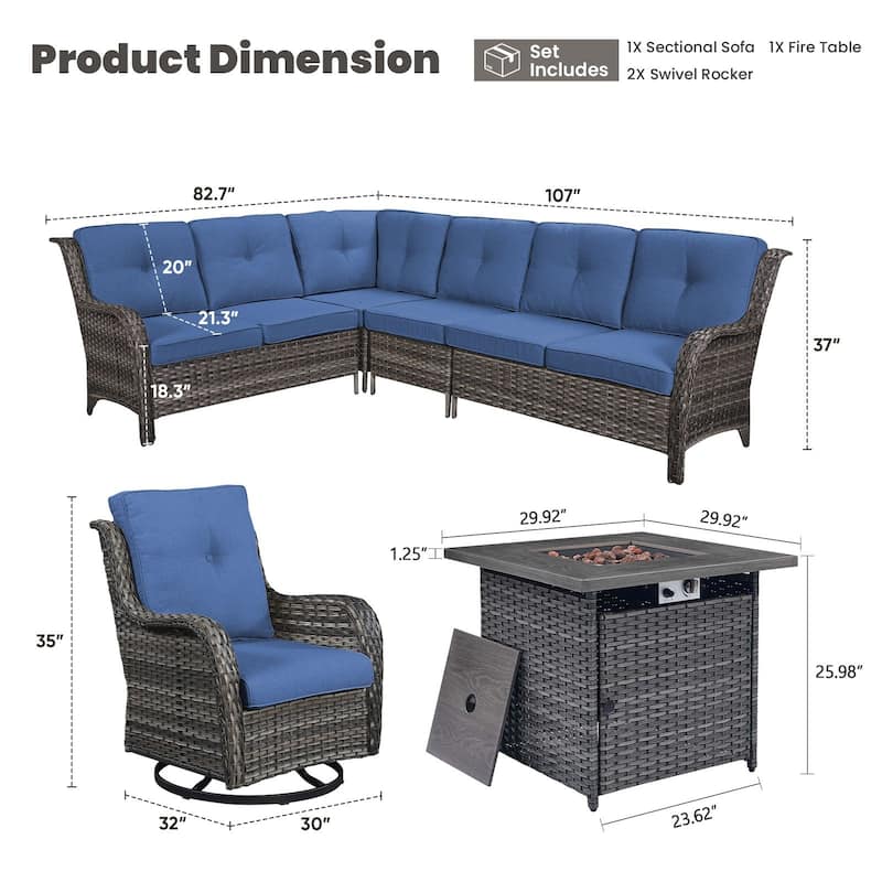 Gymojoy 4-Piece Outdoor Wicker Patio Furniture with Fire Pit and L-shaped Sectional Sofa, Coversation Set with Thick Cushions
