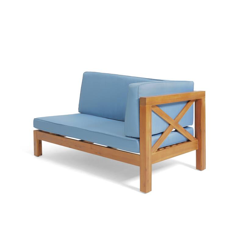 Roomfitters X-Back Corner Bench with Coffee Table, Outdoor Wooden Patio Sofa with Cushions for Garden or Porch