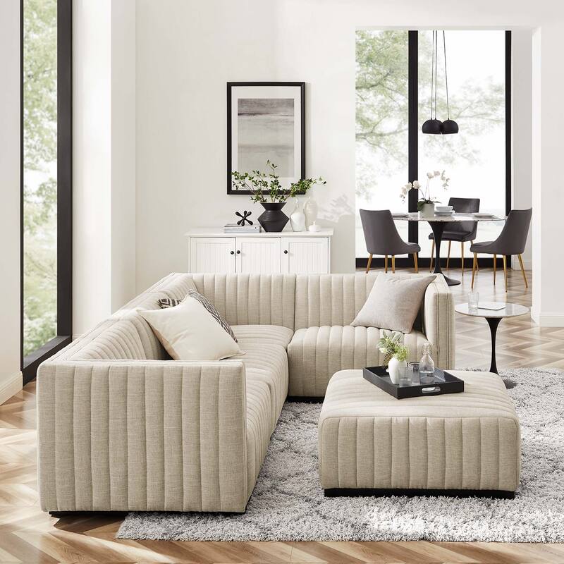 Conjure Channel Tufted Upholstered Fabric 5-Piece Sectional - Black Beige
