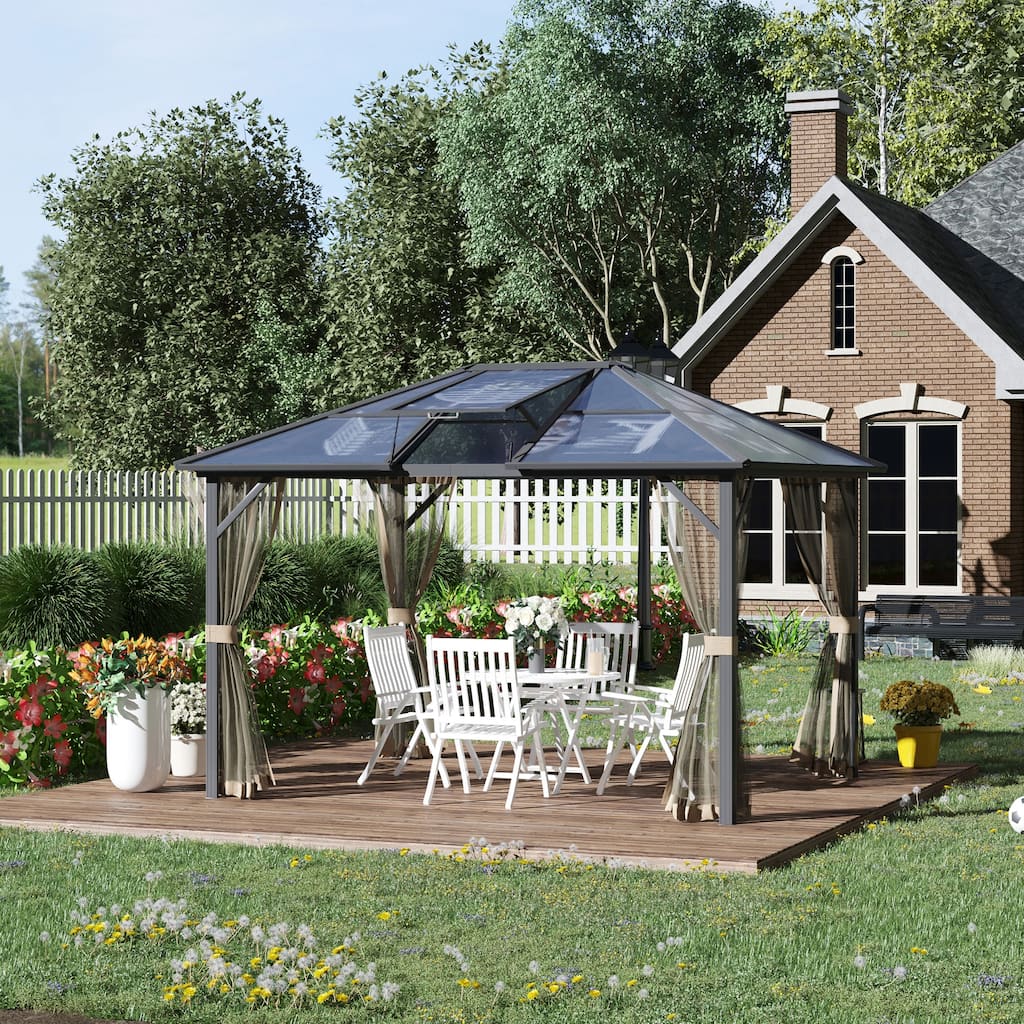 Outsunny 10x12 Hardtop Gazebo with Aluminum/Metal Frame, Polycarbonate Gazebo Canopy with Netting and Top Vent